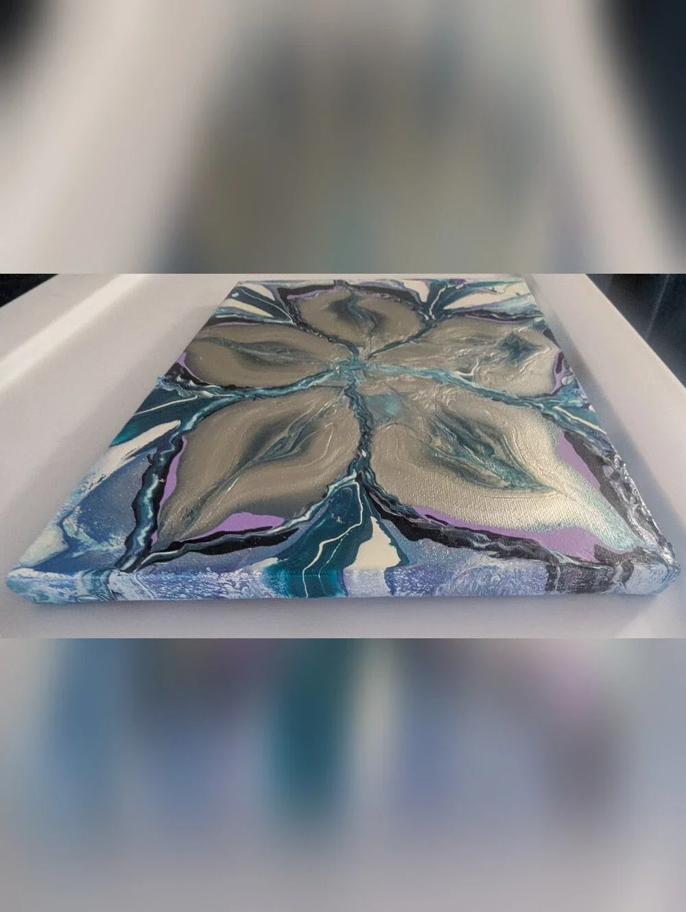 Abstract Fluid Pour Painting Teal Silver Acrylic 8